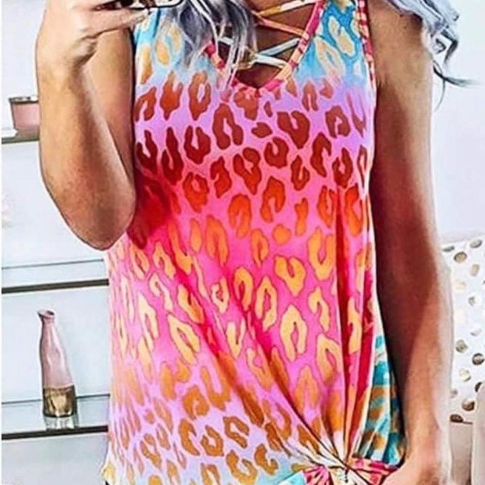 Mazik Bright Multicolored Leopard Strappy Tank NWT Pink, Blue, Red Yellow Small